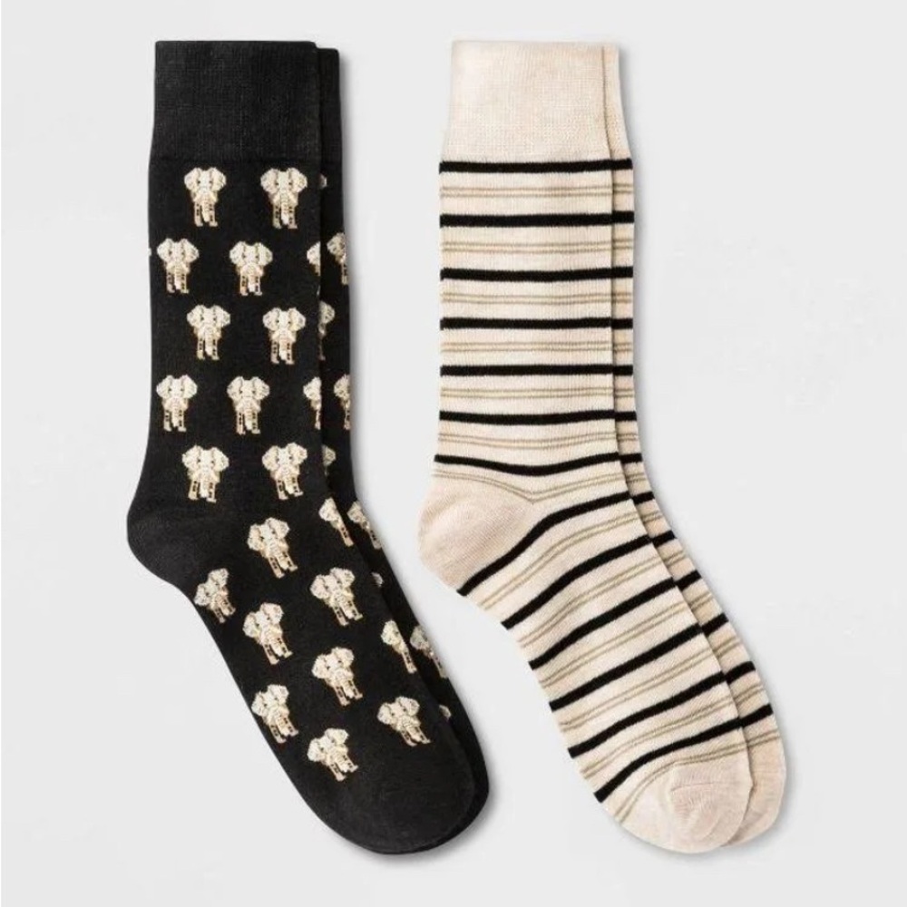Bundle of Goodfellow Men's Size 7-12 Cream & Striped & Elephant Print Crew Socks
